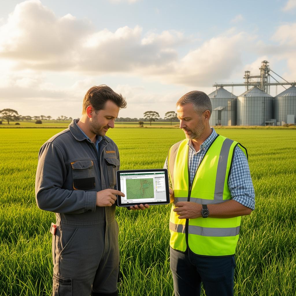 Farmer and agronomist reviewing crop plans together near grain silos
